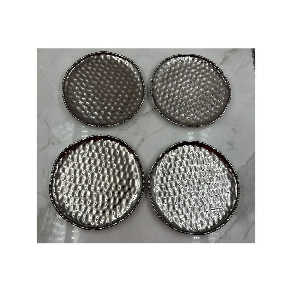 Luna Park Embossed Hammered Silver Metal Salad Plates Beaded Rim 10 Inch